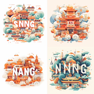 “南京”创意字体插画，“南”含夫子庙等建筑，“京”有金陵汤包等小吃，配云纹海浪，白背景，扁平风，高饱和色，正光。