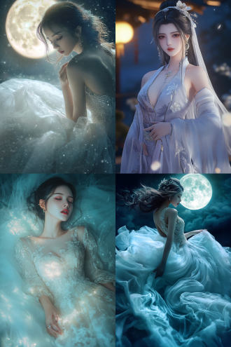 fjgmk,fjgjstyle,fjgcy，月仙，在皎洁的月光下，身着细腻编织的月华纱裙，柔和清冷的光辉，环绕着静谧而空灵的氛围，和谐统一的布局，适中的景深，安详娴雅的姿态，恬淡而熠熠生辉的神情，灵动而神秘的气息，与目光齐平的视角，繁复而精巧的纱裙装饰，清新淡雅的妆容，灵动而飘逸的发丝，清雅而迷人的气质，清冷淡雅的色调，超现实的风格，紧闭的双唇，纤细的手指，精致的足尖，优雅地摆姿，精致的形象，绝美的风姿。