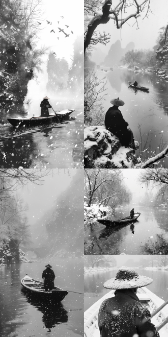 雪天江面，一舟一翁，黑白对比中透出空寂苍茫的禅意。