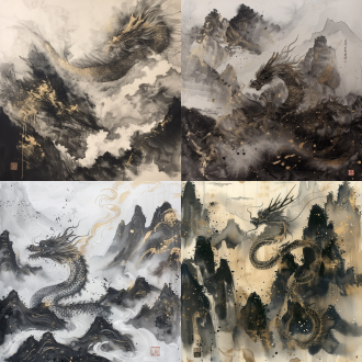 chinese ink painting of celestial dragon, swirling misty mountains, flowing brushstrokes, minimalist composition, monochromatic with gold accents, traditional xuan paper texture
