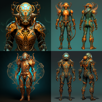 steampunk underwater explorer, brass diving suit with coral growth, bioluminescent sea creatures, art nouveau patterns, jules verne meets moebius style, teal-orange color scheme