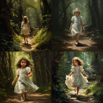 一个非常美丽的小女孩，穿着白色的短裙，她在墨绿色的森林身处。。光从远处的树顶洒下来。路是褐色的土路。请帮我生成一副18世纪风格的油画。