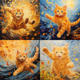 "a vibrant oil painting in vincent van gogh's signature style, depicting a golden-yellow kitten leaping through swirling air.