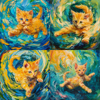 "a vibrant oil painting in vincent van gogh's signature style, depicting a golden-yellow kitten leaping through swirling air.