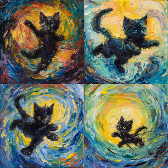 "a vibrant oil painting in vincent van gogh's signature style, depicting a black kitten leaping through swirling air.