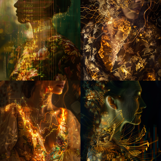 一个女子的上半身图像。她的躯干由金线编织，她的胸腔是发光的全球股市的动态图表。整个风格有巴洛克花卉叠加，借鉴frida kahlo的绘画风格。戏剧性明暗对比，特写。