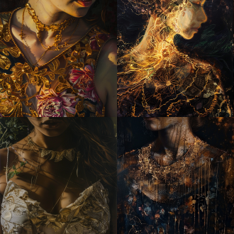 一个女子的上半身图像。她的躯干由金线编织，她的胸腔是发光的全球股市的动态图表。整个风格有巴洛克花卉叠加，借鉴frida kahlo的绘画风格。戏剧性明暗对比，特写。油画风格。