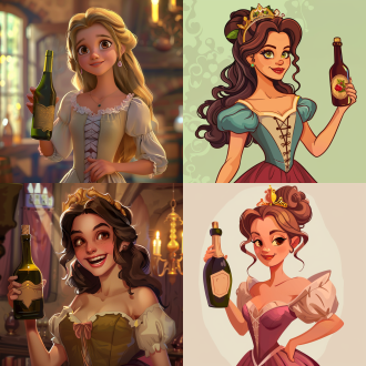 漫画风格的图片。一个公主拿着酒瓶子。看起来非常开心。