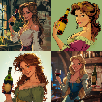 迪斯尼漫画风格的图片。一个公主拿着酒瓶子。看起来非常开心。