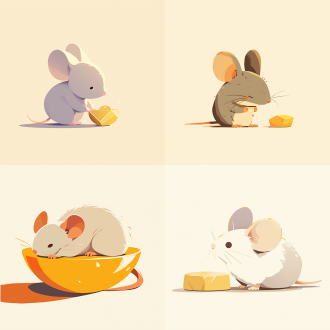 简洁线条小老鼠插画，中心聚焦构图，老鼠灰身椭圆，金元宝旁，淡米色背景，温馨，1:1 纵横比，扁平风，金色点缀。