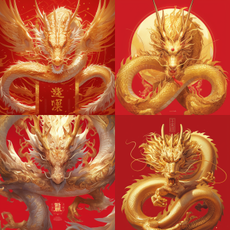 金龙盘于福字上，红色背景，对称构图，超写实风格，室内，长焦镜头，顶光，清晰，威严，金色红色为主，庄重喜庆。