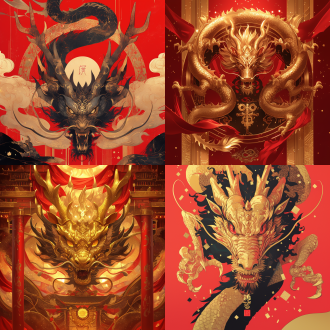 金龙盘于黑色福字上，福字居中在红色背景，对称构图，特写，暖光，金色红色为主，神秘华丽，中国风。