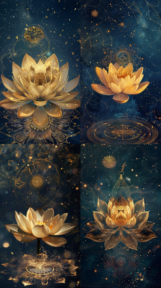 手机壁纸，中心金色莲花绽放，花瓣纹理清晰可见，莲花下方浮现佛教曼陀罗法阵，精密几何图案散发淡金微光，背景渐变色星空深蓝过渡墨黑，飘散若隐若现的梵文经咒，左上角悬浮微型鎏金转经轮，整体哑光质感搭配光晕特效，象征智慧与觉悟的超然境界，16:9竖构图