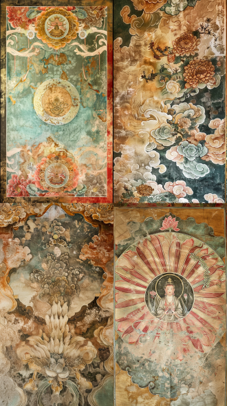 壁画复原风格，中心三色莲花藻井结构精密繁复，飞天女神衣袂飘飞演奏箜篌，背景渐变赭石色模拟洞窟墙壁质感，飘带融入流动的七彩祥云，边缘点缀忍冬纹与缠枝纹金边，采用矿物颜料显色效果，刻意保留细微龟裂纹理，重现盛唐佛教艺术瑰宝