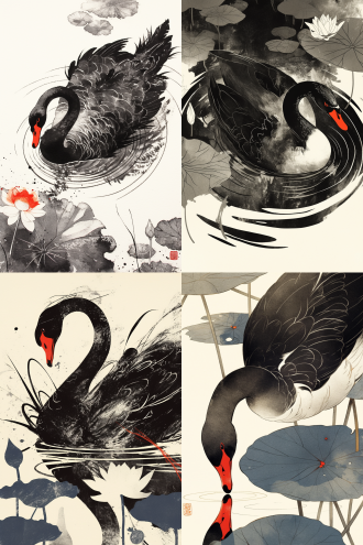 "black swan gliding through lotus pond, meticulous line drawing with bold outlines, crimson beak accent, abstract water ripples, deconstructed lotus leaves and flowers in linear style, gradient indigo wash background, negative space ink wash effects, sumi-e inspired composition