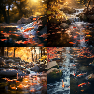 秋日溪边风光，三分构图，暖色调，森林中，长焦镜头，顶光，慢快门，枫叶翻飞，锦鲤游动，宁静，写实风格。