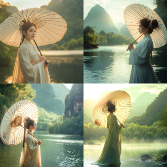 雨后的清晨，阳光明媚，照射在身穿汉服的亚洲女子身上，女子手拿一把油纸伞，背景为青山绿水，中国风，8k