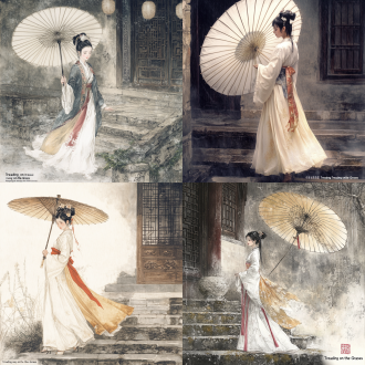 暮春的雨是墨砚里化开的青黛，斜斜漫过瓦檐，在油纸伞骨上凝成珠帘。 她提裙涉过石阶，素白广袖缀着湘妃色绣带，随步摇轻晃漾出流云纹。裙裾拂过青苔时，深一寸的湿痕洇作水墨，恰似宣纸上晕开的晚唐诗句。 竹编灯笼在巷口摇晃，将天光滤成琥珀色的旧光阴。 雨珠坠入领口鹅黄的交领，沿着锁骨的弧度滑向荼蘼暗纹的衣襟。发间银鎏金步簪垂落的珍珠串，与檐角铁马同频震颤，应和着远处卖花人悠长的吴侬软调。 忽然一阵穿堂风过，六幅罗裙如莲绽开，露出石榴红内衬上细密的蹙金绣—— 原是去年上元夜，灯影里未拆完的半阙《踏莎行》。8k