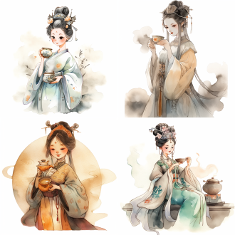 q版唐代仕女，头身比1:1，水墨风格，喝茶动作，手持茶杯，身着唐代华丽服饰，背景淡墨渲染，中国传统色配色，适合表情包，png格式。