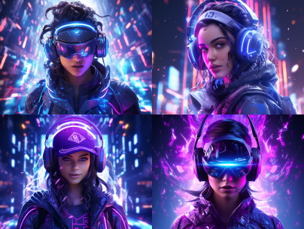 futuristic game streamer avatar, neon cyberpunk style, glowing circuit patterns on face, holographic headset with floating ui elements, dynamic pose with electric sparks, vibrant purple and cyan color scheme, sharp geometric background, 8k detailed render, unreal engine cinematic lighting, trending on artstation, digital art, high contrast, intense gaze 蒸汽波