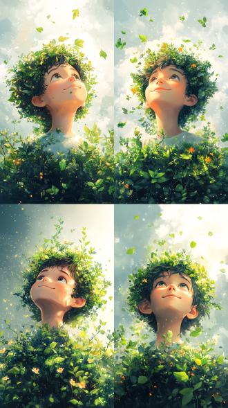 环保主题插画，三分法构图，简洁扁平风，地球绿植环绕，人物微笑憧憬，冷色调，矢量图形，希望氛围。