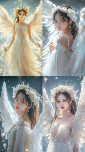 beautiful asian innocent girl, with a gentle smile, tall stature, delicate features, an egg-shaped face, bright and clear eyes that seem full of wisdom, with bright eyes and white teeth, skin as smooth as cream, graceful figure, with six enormous white angel wings symmetrically spread on her back, wearing a bright and beautiful flower crown on her head, dressed in a moonwhite long dress, barefoot, with light golden translucent tassels gently fluttering on her shoulders to the left and right, ethereal, light, enveloped in snow-white light beams, with a brilliant starry sky background, dreamy, beautiful, panoramic, real-life, cinematic quality.,,in clothes