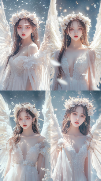 beautiful asian innocent girl, with a gentle smile, tall stature, delicate features, an egg-shaped face, bright and clear eyes that seem full of wisdom, with bright eyes and white teeth, skin as smooth as cream, graceful figure, with six enormous white angel wings symmetrically spread on her back, wearing a bright and beautiful flower crown on her head, dressed in a moonwhite long dress, barefoot, with light golden translucent tassels gently fluttering on her shoulders to the left and right, ethereal, light, enveloped in snow-white light beams, with a brilliant starry sky background, dreamy, beautiful, panoramic, real-life, cinematic quality.,,in clothes
