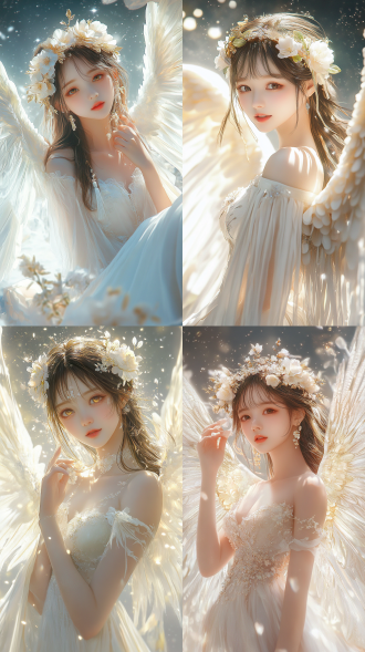 beautiful asian innocent girl, with a gentle smile, tall stature, delicate features, an egg-shaped face, bright and clear eyes that seem full of wisdom, with bright eyes and white teeth, skin as smooth as cream, graceful figure, with six enormous white angel wings symmetrically spread on her back, wearing a bright and beautiful flower crown on her head, dressed in a moonwhite long dress, barefoot, with light golden translucent tassels gently fluttering on her shoulders to the left and right, ethereal, light, enveloped in snow-white light beams, with a brilliant starry sky background, dreamy, beautiful, panoramic, real-life, cinematic quality.,,in clothes