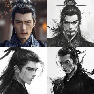 外貌： 面容：五官深邃，剑眉斜飞入鬓，双眸狭长且锐利，宛如鹰隼，透着坚毅与果敢。鼻梁高挺，嘴唇薄而紧抿，彰显出他的冷峻与决绝。脸上带着历经江湖风雨的沧桑感，却无损其英俊气质。 发型：束起的高马尾，用一根黑色丝带系着，几缕碎发垂落在脸颊两侧，随风飘动，增添了几分不羁。发冠为纯黑色，上刻简洁云纹，低调而不失大气。