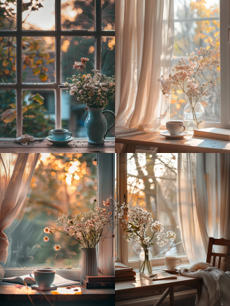 温馨治愈ins风书房，窗边书桌有花瓶咖啡，三分法构图，浅色调，微距镜头，暖光，安静氛围。