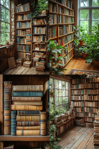 复古风书店一角，对角线构图，书架旧书，极简留白背景，适中色调，侧拍，广角镜头，自然光，温馨治愈，放下执着氛围。