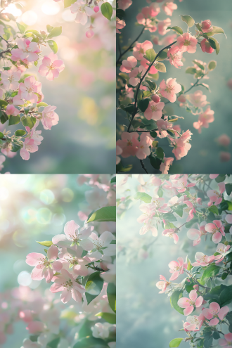 盛开的中国海棠花，月洞门框构图，晨雾与阳光，印象派油画风，粉绿调色板，花瓣飞舞，柔焦，侧逆光，梦幻氛围，