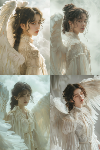 古风美女披发长仙鹤翅，白与香槟色汉服，衣袖发丝飘，天宫云雾背景，国风水彩，极简，丁达尔光，高冷空灵，长焦，浅景深。