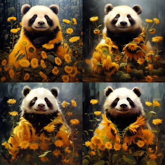 panda,sunflower,pastoral,pol painting style,ultra high definition,aspect ratio 2:3