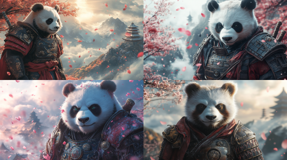 穿着盔甲的熊猫，站在山顶，神情肃穆。平视镜头，春天，樱花飞舞。云层中一束上帝之光照在熊猫身上。高品质，全景，远景