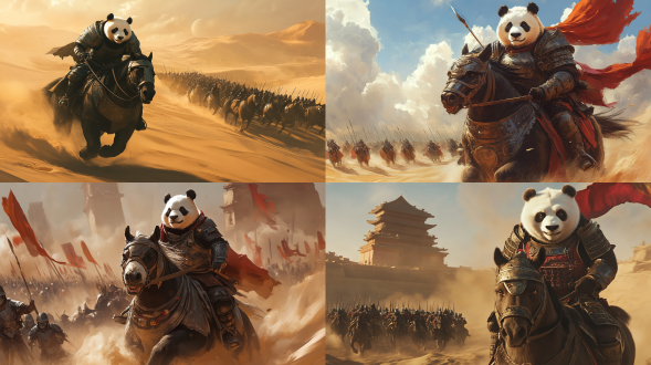 穿着盔甲的熊猫，骑着战马，飞驰在沙漠之中，神情肃穆。平视镜头。春天，黄沙漫天。背后大军跟随。高品质，全景，远景，硬光
