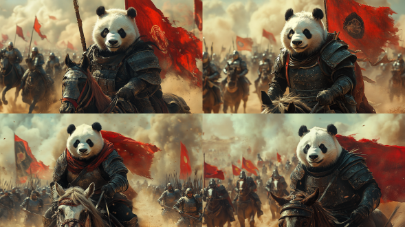 穿着盔甲的熊猫，骑着战马，飞驰在沙漠之中，神情肃穆。平视镜头。春天，黄沙漫天。背后大军跟随。高品质，全景，远景，硬光