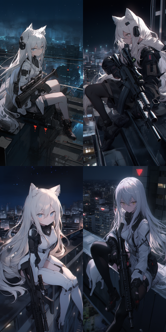 白色猫娘，黑色战斗服，狙击枪，坐在楼顶，广角镜头，长发飘逸，4k,高质量，黑夜