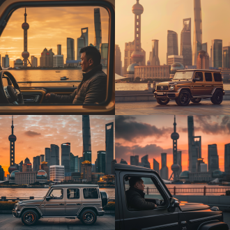 商务男士驾驶奔驰g63停在上海和平饭店门口，前景后景构图，外滩江景建筑，暖橙夕阳，电影质感，长焦，侧逆光，沉稳。