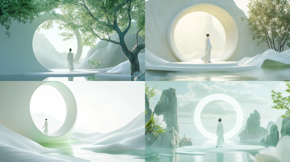 a clean background with a large area of white space, a sandy chinese circular disk, hanfu walking, song dynasty meticulous landscape painting style, cinema 4d rendering, organic flowing forms, light green and white tones, mediterranean scenery, wave-shaped resin sheets, soft lighting, low saturation, tranquil atmosphere, and magnificent momentum.