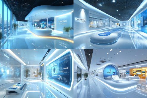 现代企业科技白色展厅，线条造型与灯光，“家”艺术装置在前，展板陈列，简约现代，广角正面拍，自然光，冷调，超高清，科技感。 石英 光纤 乳胶 金属质感 纤维素 自然照明 明亮的 参数化室内 房屋平面图