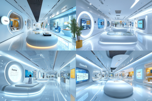 现代企业科技白色展厅，线条造型与灯光，“家”艺术装置在前，展板陈列，简约现代，广角正面拍，自然光，冷调，超高清，科技感。 石英 光纤 乳胶 金属质感 纤维素 自然照明 明亮的 参数化室内 房屋平面图