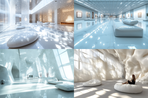 “家”艺术装置，简约现代，白色展厅，正面广角，自然光，超高清，vary渲染，高清晰度，科技感强。 石英 光纤 乳胶 金属质感 纤维素 自然照明 明亮的 参数化室内 房屋平面图