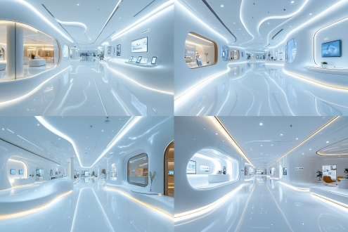 企业科技展厅，对称布局，科技风，展厅内，冷色调，长焦镜头，顶光，静态展示，环保元素，专业感。 体积光 明亮的 白 汇聚线构图 办公室