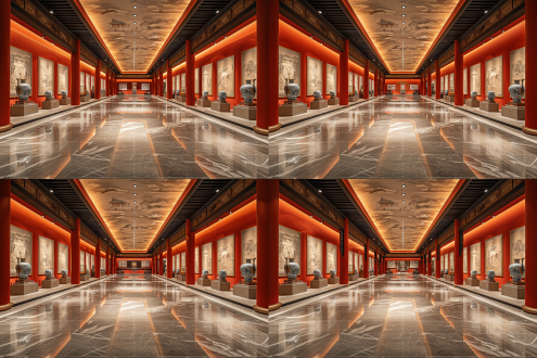 郭亮人物纪念馆展厅，对称布局，复古室内场景，长焦镜头，顶光，静态陈列品展示，冷色调，逼真庄重。