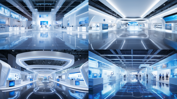 enterprise science and technology exhibition hall, symmetrical layout, science and technology style, exhibition hall, cool tone, telephoto lens, top light, static display, environmental protection elements, professional sense. volume light bright white convergence line composition office