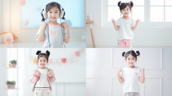 高清像素，自然光源，正面打光，5岁中国女童全身入镜，站立姿势，头发扎成两个小丸子，笑容灿烂，目光看向镜头，白色运动鞋，白色背景墙，稚气可爱，粉彩色，明亮，全身，童装。