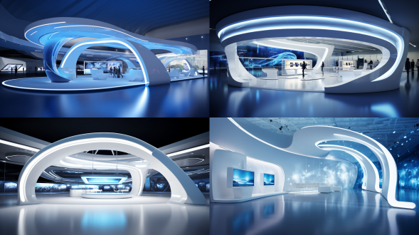 企业科技展厅弧形序厅墙，30平方米，对称构图，科技现代风，多媒体元素，冷色调，超广角镜头，顶光，明亮清晰，未来感，震撼。