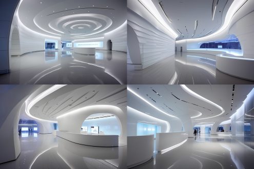 企业展厅弧形设计，对称构图，现代风室内全景，顶光，蓝白主调，简洁元素，科技感大气，广角镜头，高饱和色彩。 正视 白 明亮的 极简主义