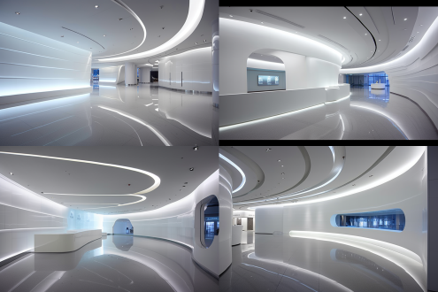 企业展厅弧形设计，对称构图，现代风室内全景，顶光，蓝白主调，简洁元素，科技感大气，广角镜头，高饱和色彩。 正视 白 明亮的 极简主义